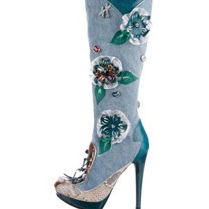 Rene Coavilla Embellished Denim Ostrich Boots